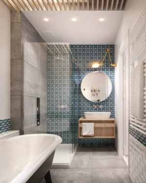 浴室 注重流畅的线条设计，没有太多繁琐的装饰元素，浴室干净、舒适、实用