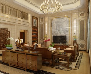 客厅 金碧辉煌的大理石搭配中式家具，营造豪气的效果，彰显与众不同的气质。