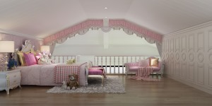 女儿房睡眠区 活泼粉色是女孩的专属色，温柔细腻，给人无尽的柔和感。