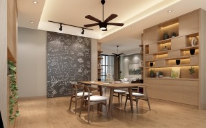 餐厅 餐厅与客厅空间协调，大面黑板用来记录生活的点点滴滴，增加家人的互动。