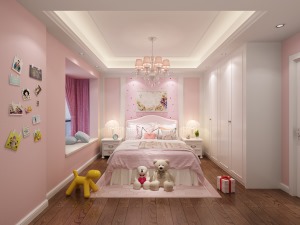 女儿房 明亮的粉色，营造出一个似梦似幻的童真世界，简约大气的墙纸图案与装饰画。