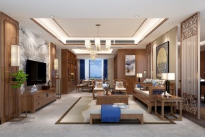 客厅 天然的木色护墙板配以新中式的家私，赋予空间东方禅境，极富中式文化韵味。