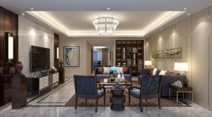 客厅 宝蓝色的沙发和香槟色的线条及水晶灯的时尚元素融入整个环境中。