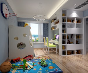 小孩房 大面积的装饰柜错落有致，可供两个小孩的玩具和书籍的存放。