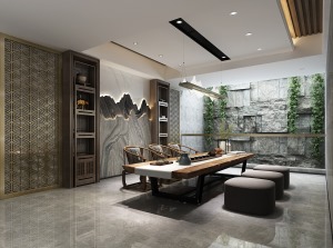 茶室 采光井墙面劈开石的质朴和墙面山水意境造型的大理石都在诉说着中国风韵。