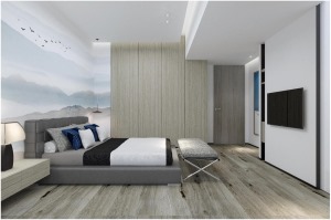 卧室效果图 浅灰色为主白色为辅，原木色的地板结合灰色的软装和床品，看起来很有整体感。
