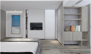 卧室效果图 浅灰色为主白色为辅，原木色的地板结合灰色的软装和床品，看起来很有整体感。