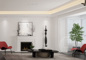 客厅以素雅色彩为基调，配合简约美式的家具诠释了现代美式的奢雅魅力。