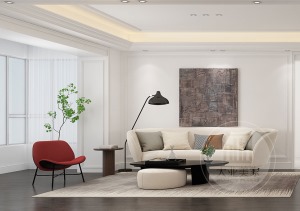 客厅以素雅色彩为基调，配合简约美式的家具诠释了现代美式的奢雅魅力。