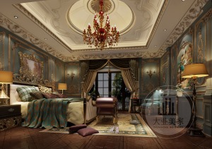 1卧室床的背景墙与四周墙板、家具细腻稳重，与挂画成为空间最鲜明的色彩对比。