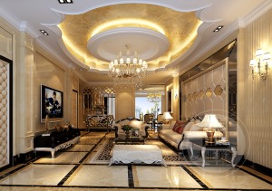 客厅地面简洁的铺砖与华丽的顶面形成对比，展现出超脱浮华的高贵气质。