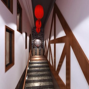 楼梯处简单的线条相协调，让视野空间特别的美观富有空间感。