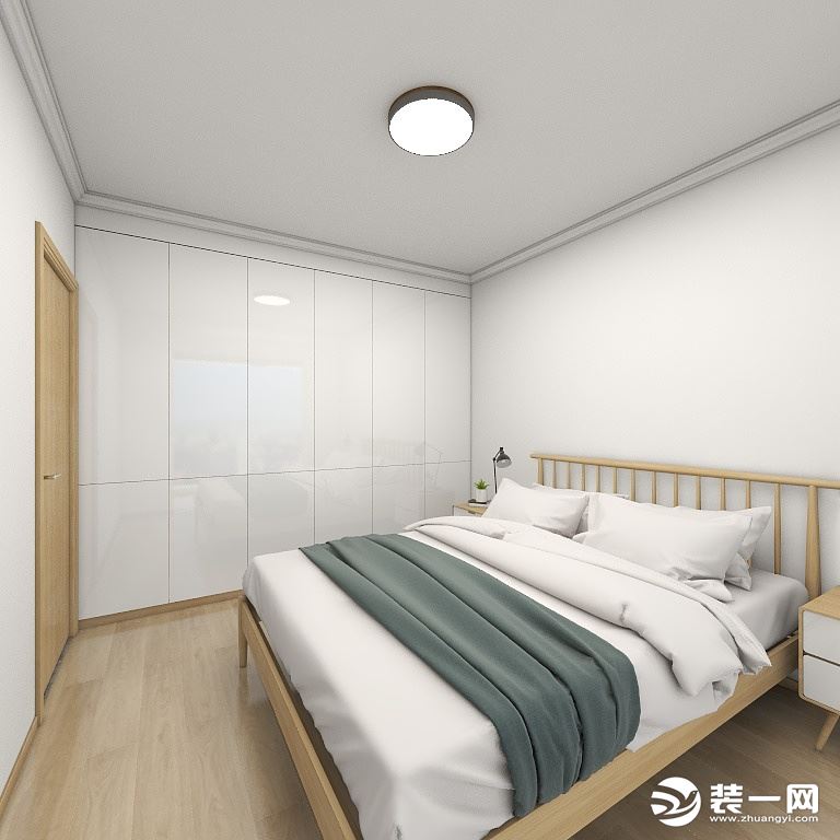 主卧室同样利用结构上门洞位置移动，增加门后衣柜空间。颜色方面切合整体感觉的同时也预留床尾投影白墙。