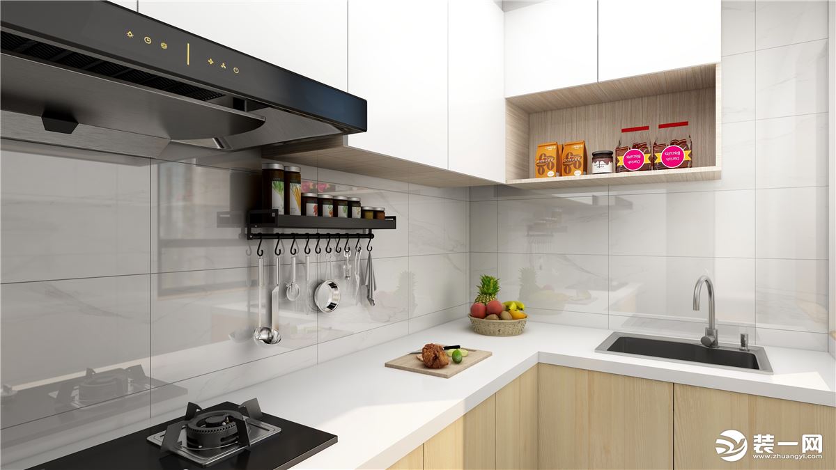 厨房吊柜米白色+下柜原木色+石英石台面，比较经典的日式风格配色