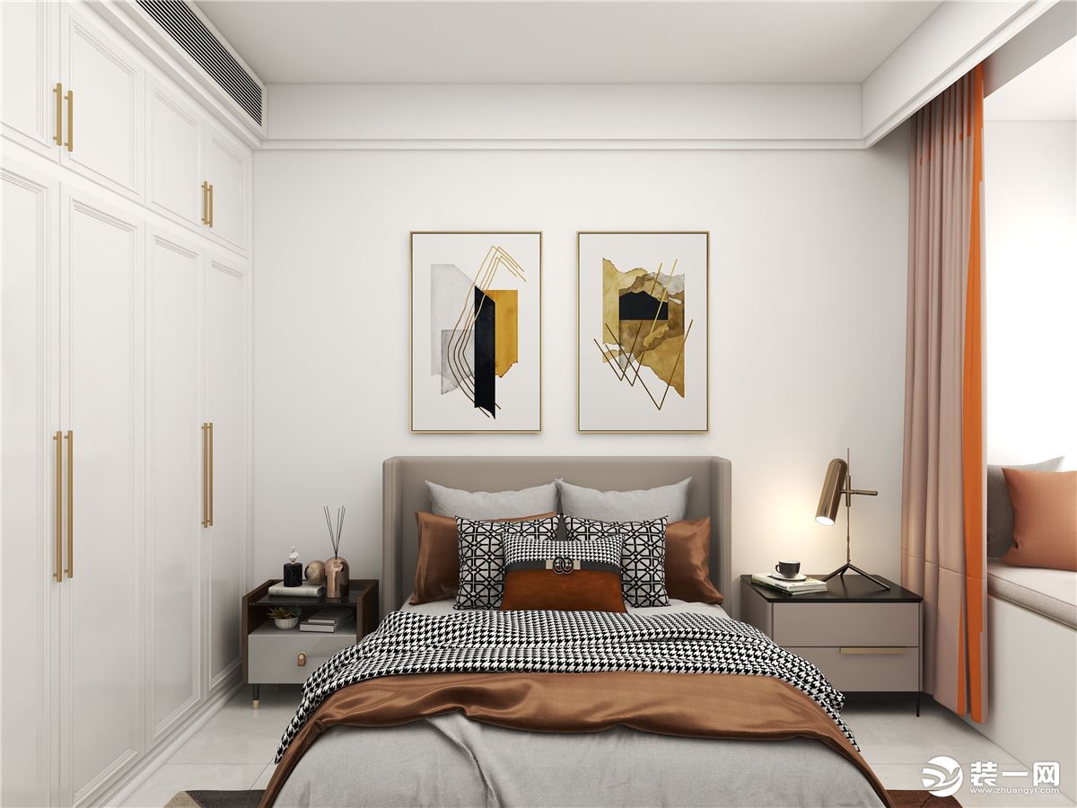 卧室整体以白色为主，点缀棕色和灰色