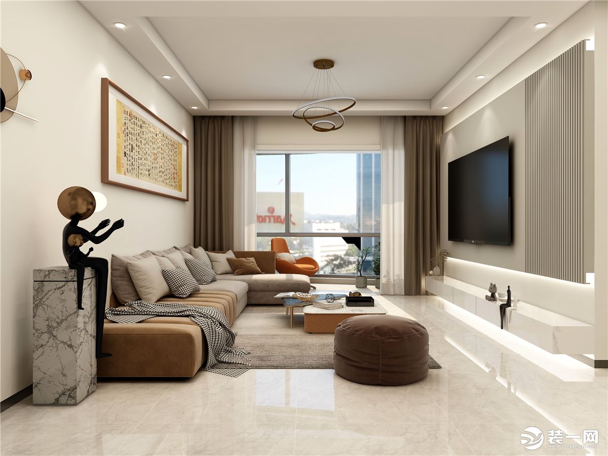 客厅是以原木色和白色元素为主，采用了挑空设计，让光更大限度的均匀洒落到房子的每一处
