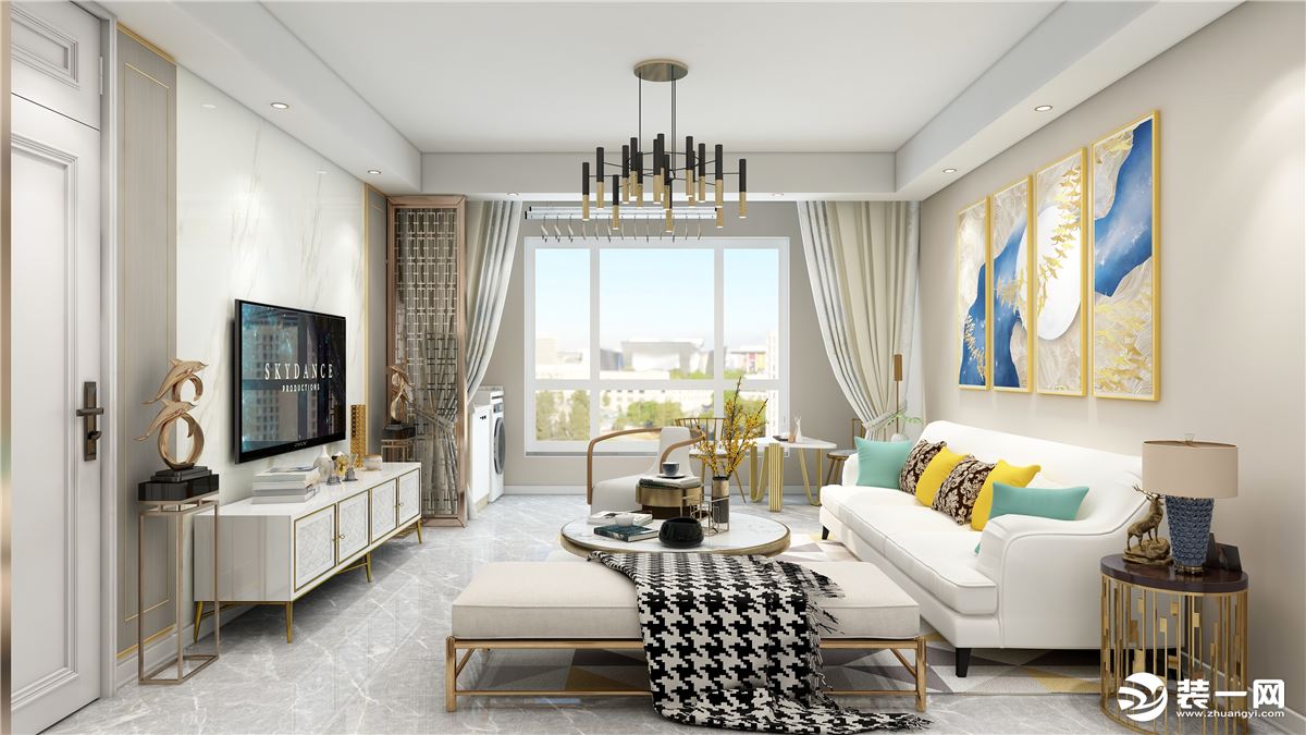 客厅主要选用米白色配色，更突出舒适明亮的感觉，视觉上空间更大。搭配米黄色的窗帘更加温馨。