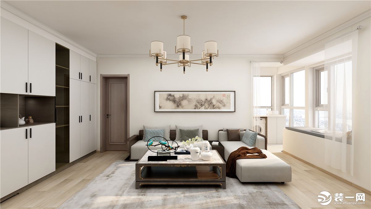 客厅是以黑檀木和白色元素为主，采用了挑空设计，新中式装修的墙、地面与普通装修并没有区别