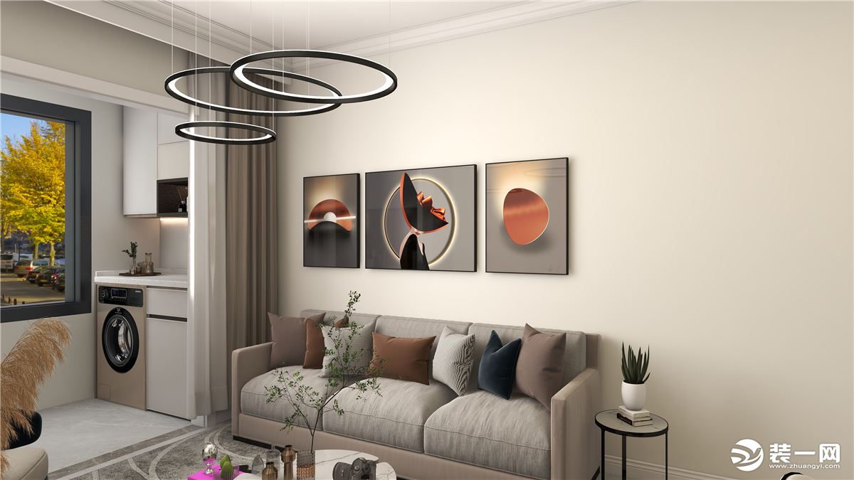 客厅色调以灰棕色为主色调，搭配相同色系的挂画加以装饰，选用设计感较强的吊灯增加客厅的亮点