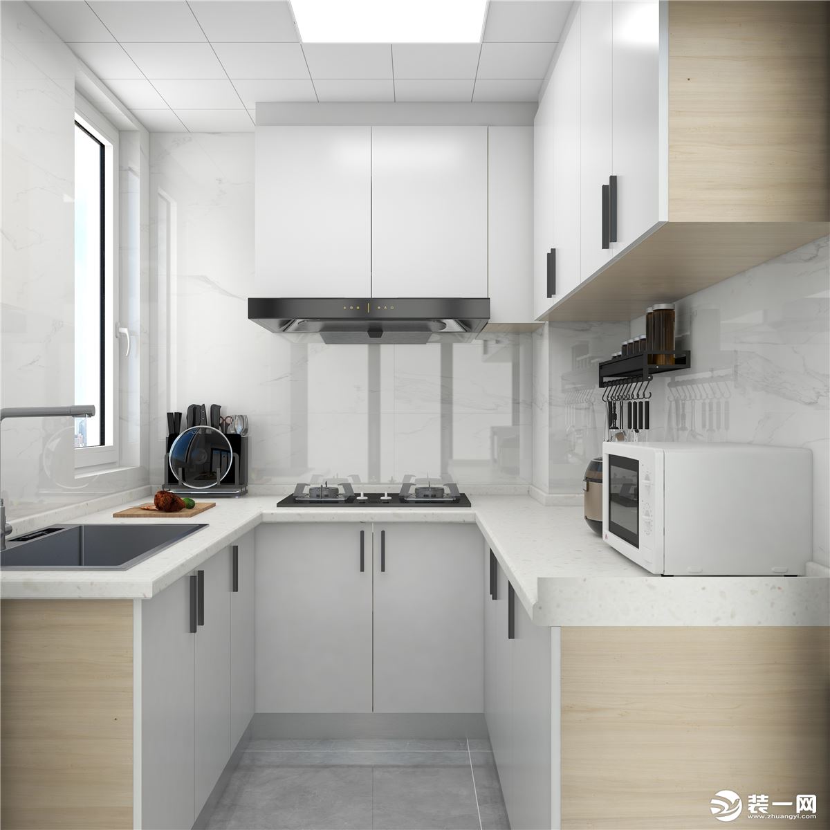 厨房定制白色橱柜，搭配原木色起到点缀作用，不会使整体过于单调。