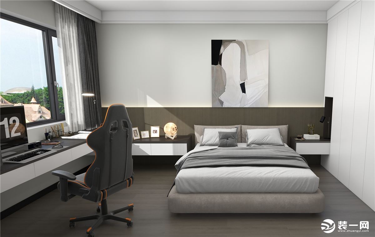 整体色调清雅舒适，木质墙板与杏子灰的墙面形成层次。