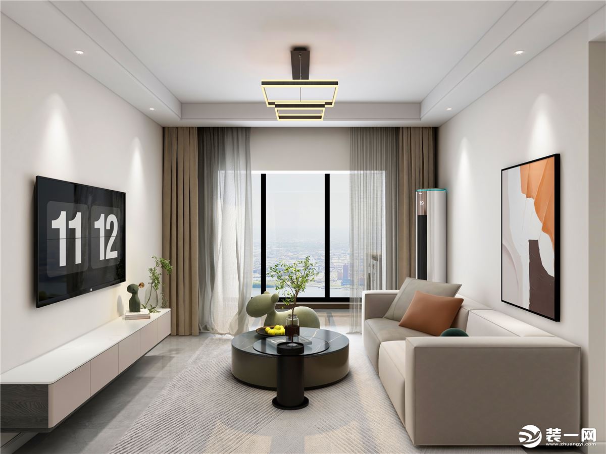 客厅的沙发茶几搭配起来比较饱满，高级灰色的电视柜作壁挂设计，美观且提高了生活的舒适度。