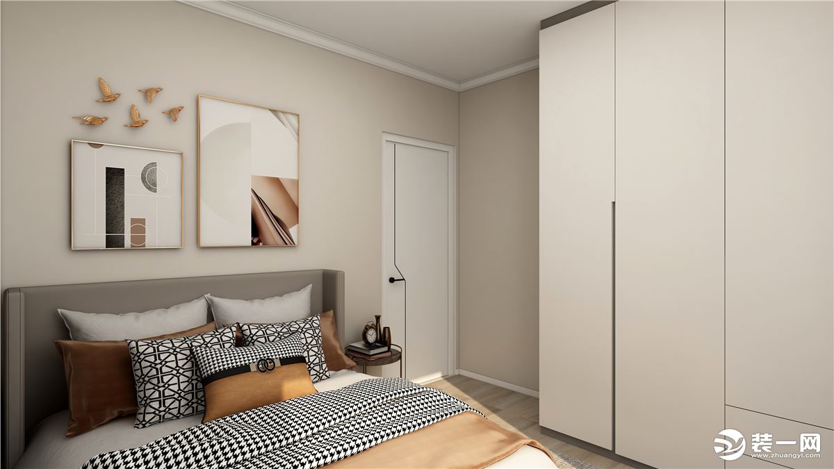 卧室是让人放松自在的空间，主卧采用暖色和灰色的搭配，低调的色彩让空间更加干净、温柔。