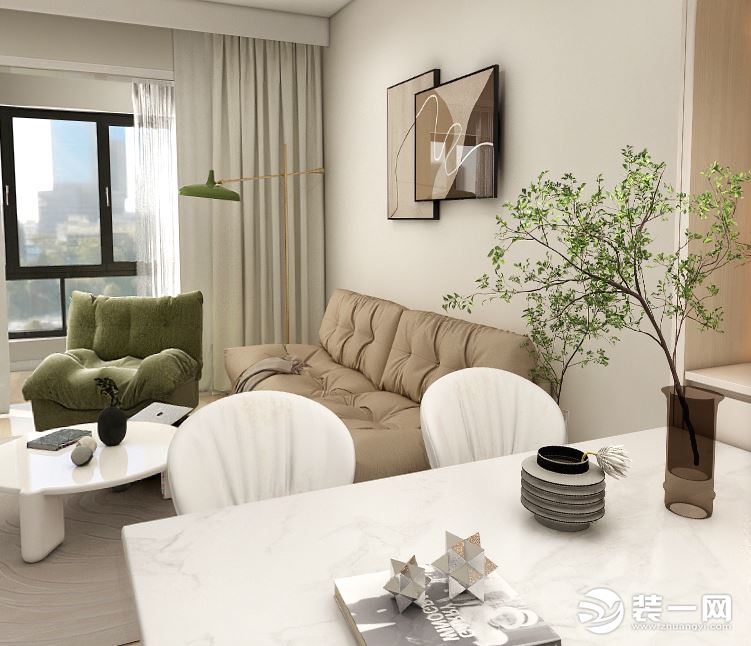 沙发背景墙简单用装饰画装饰，咖色与绿色的布艺衬托，整个空间色彩更加鲜明。