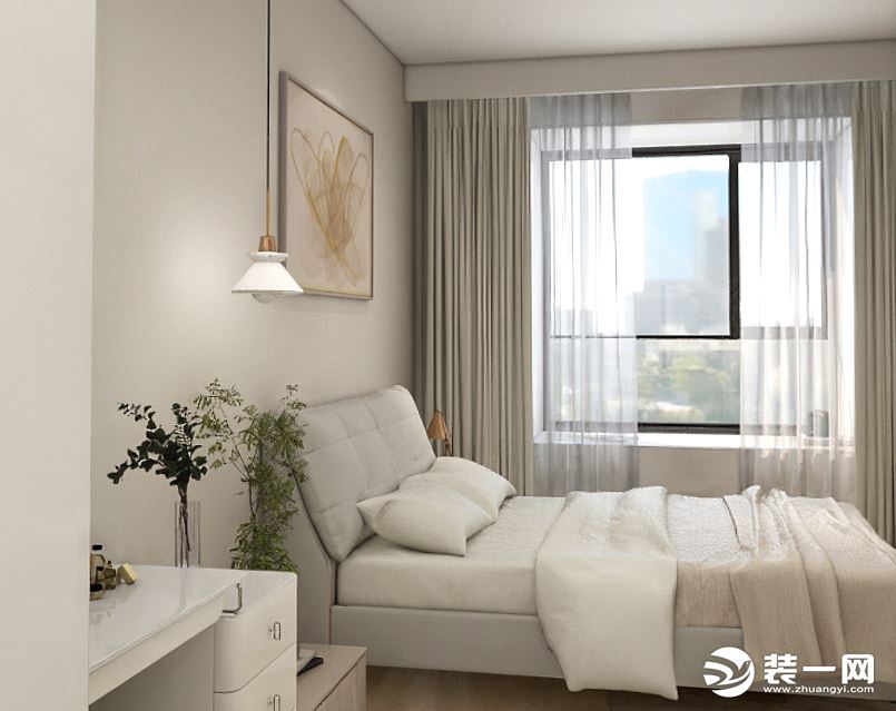 卧室 床具，搭配原木、白色的柜子面板，让整个空间非常有立体感。