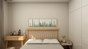 主卧室整体色彩是原木色搭配白色，再加上深灰色的遮光窗帘就很适合休息