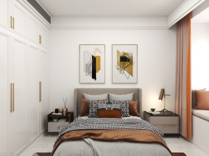 卧室整体以白色为主，点缀棕色和灰色