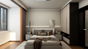 卧室背景墙用木工板做出造型外附灯带加上简单的浅灰色乳胶漆使空间质感提升一个档次。