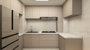 厨房整体以卡其色为主，黑色燃气灶和冰箱线条的点缀使得厨房不那么单调。