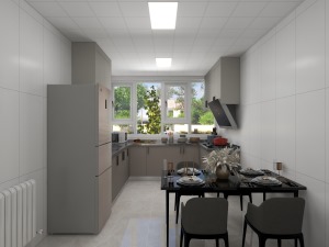 厨房柔光白色瓷砖搭配暖色大地砖使整个空间体现出高度，深色下柜搭配浅色吊柜体和黑色餐桌体现出个性。