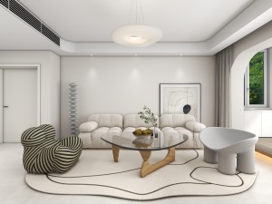 客廳色調用奶油系的延伸色珍珠白，吊頂設計弧形吊頂加筒燈，給空間溫潤的質感。