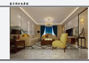 客厅新中式效果图。图中墙面运用中式山水元素和现代家居巧妙的结合在一起。