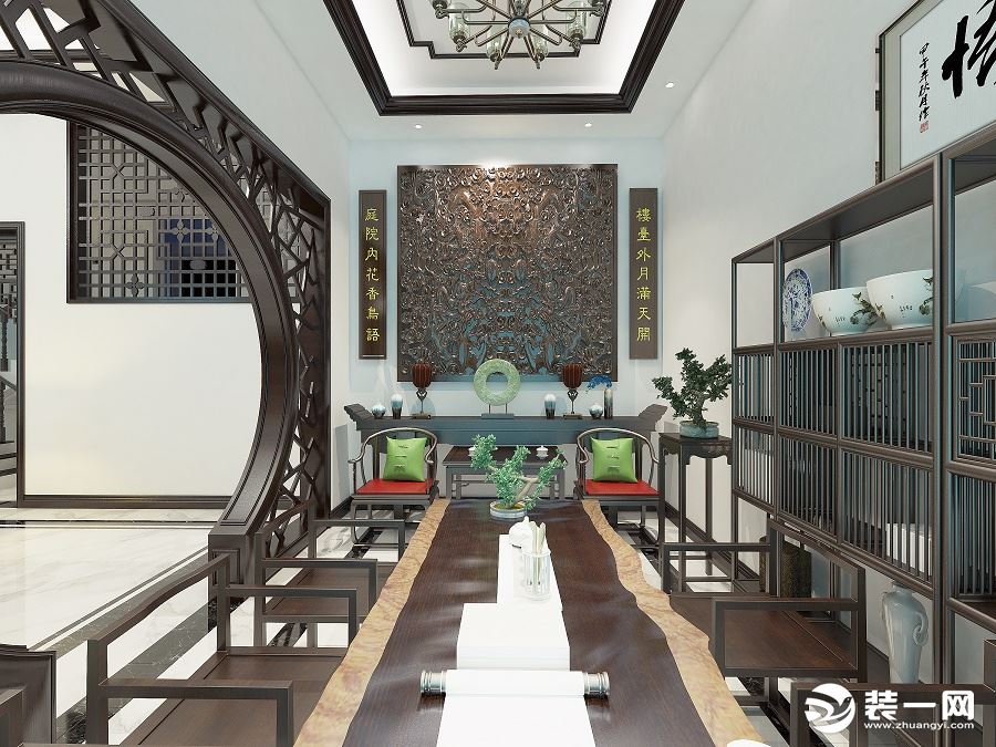 中堂是咱们中国传统屋舍的一个重点，也是中式家居的一个亮点，本案中的中堂传统与现代碰撞，清雅含蓄，端庄