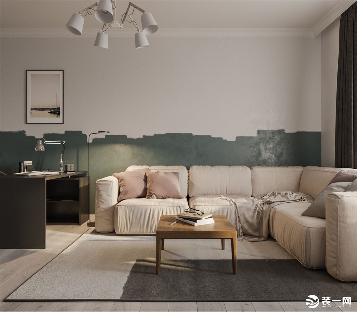 本案在配色与造型上非常的大胆，客厅沙发背景墙用两种颜色区别开来，高低起伏的造型非常有新鲜感，看似随意