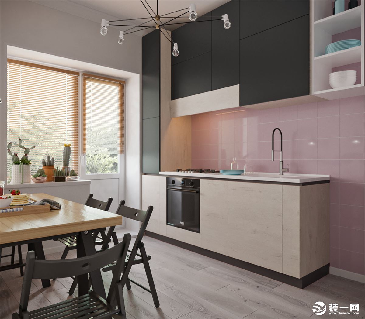 厨房在颜色上也很有创意，粉色的瓷砖视觉上干净透亮，日常生活中也非常好打理。敞开式的厨房增加的整体的通