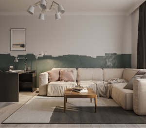 本案在配色与造型上非常的大胆，客厅沙发背景墙用两种颜色区别开来，高低起伏的造型非常有新鲜感，看似随意