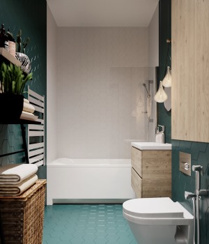漂亮、大方的卫生间造型非常美观，墨绿色的背景颜色让生活更加多彩。本案还增加了欧洲家庭标配的浴缸，让下