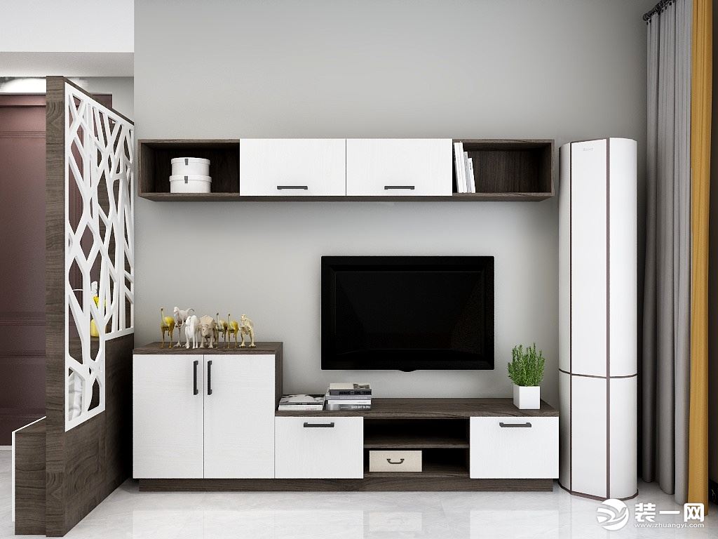 客厅的电视柜是采用了目前比较流行的组合柜形式，美观又能增强橱柜功能
