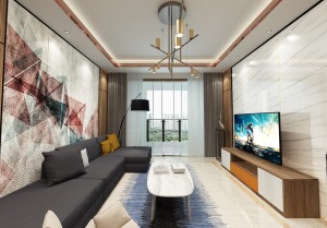 客厅的沙发背景墙采用了贴纸拼接，凸显现代科技感