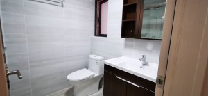 防滑砖的卫生间，简单的浴室柜，就是这样子的简单