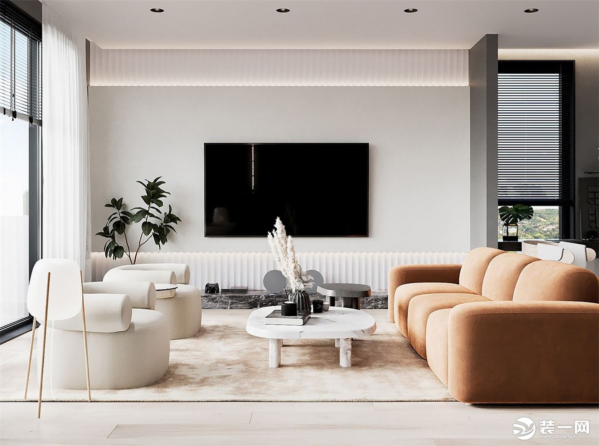 客厅整体是白色为主色调，加入橙色的沙发进行点缀，简洁中带有一丝活泼的气息。