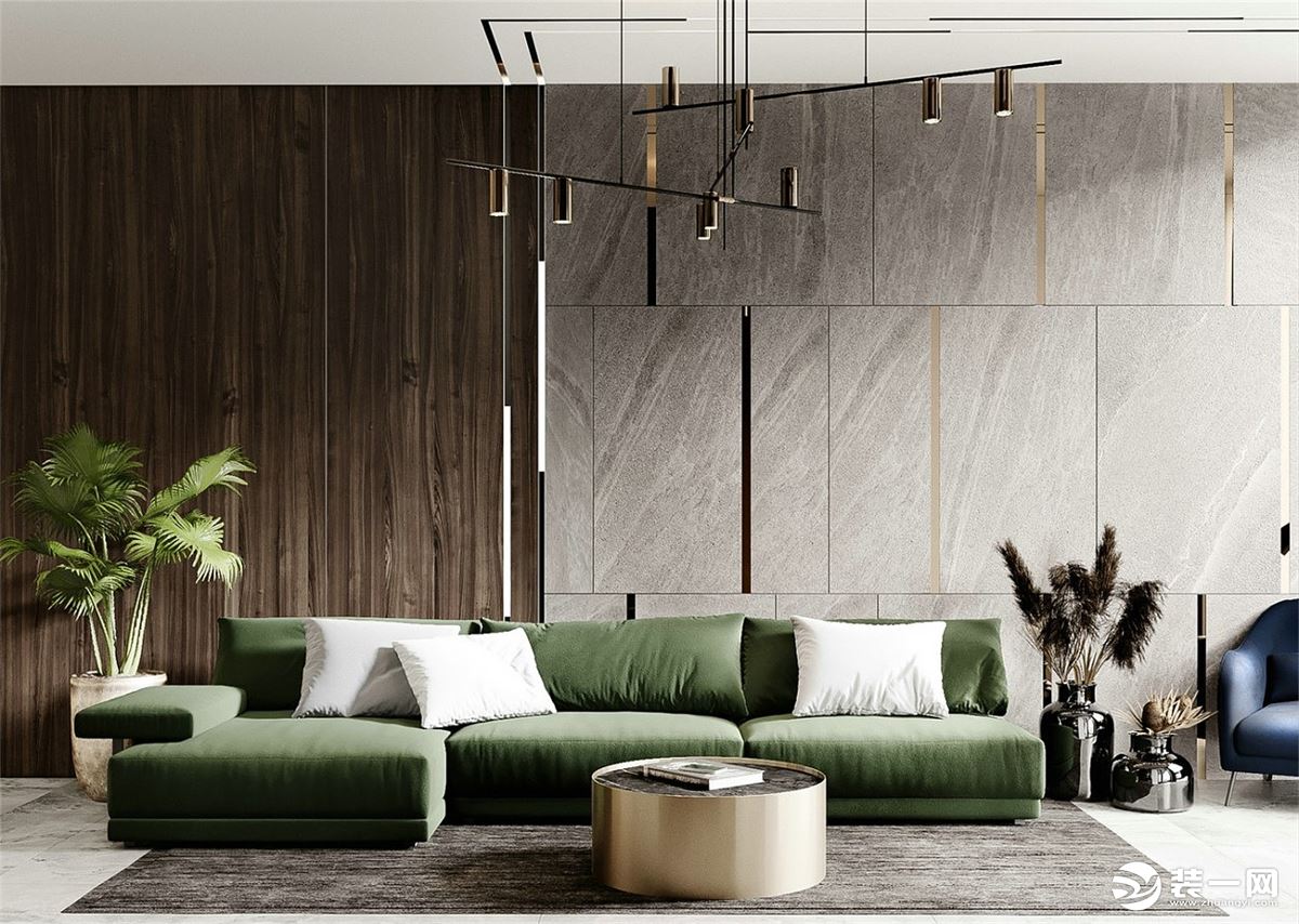墨绿色的沙发看上去很有档次，很能够让大家有非常时尚的感觉。