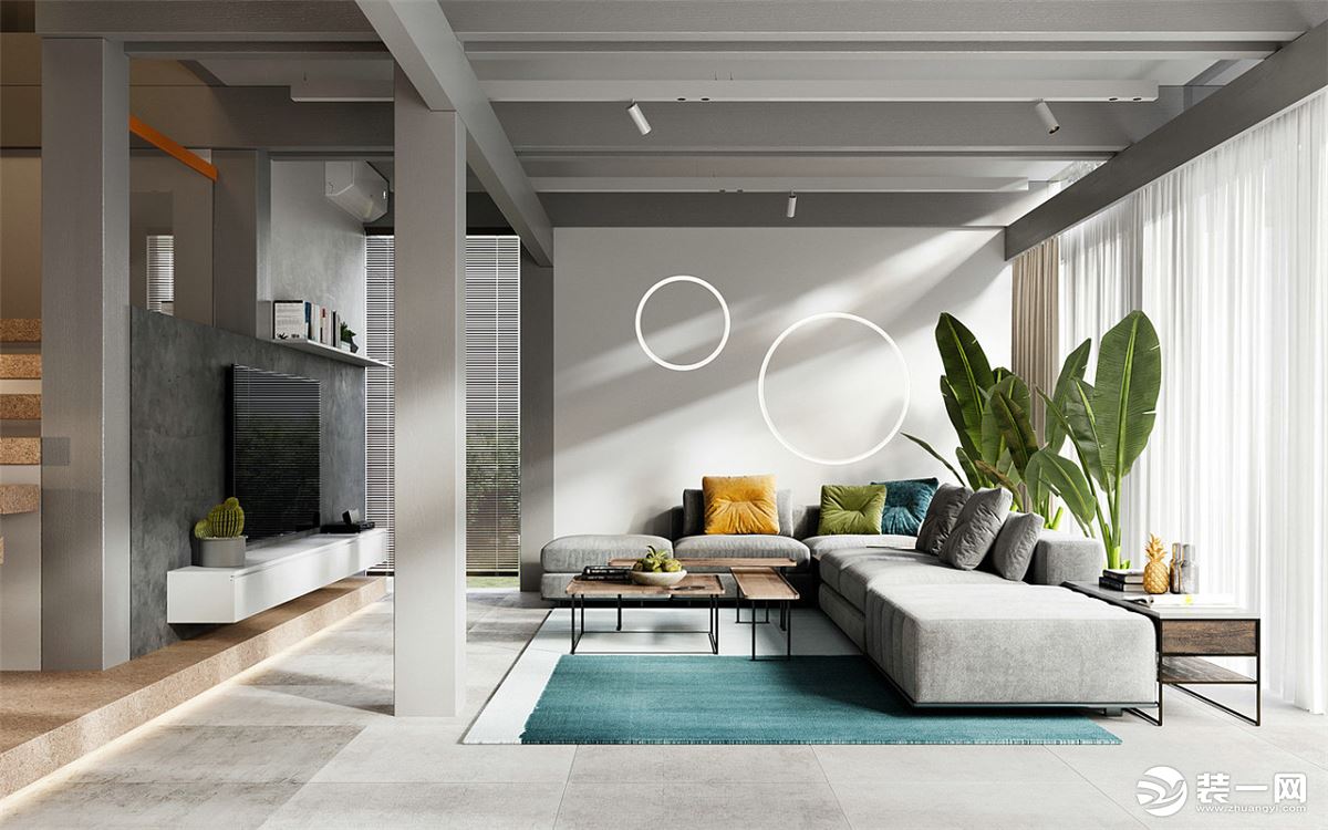 客厅灰白的主色调，加入彩色的装饰点缀，让空间更显活力。