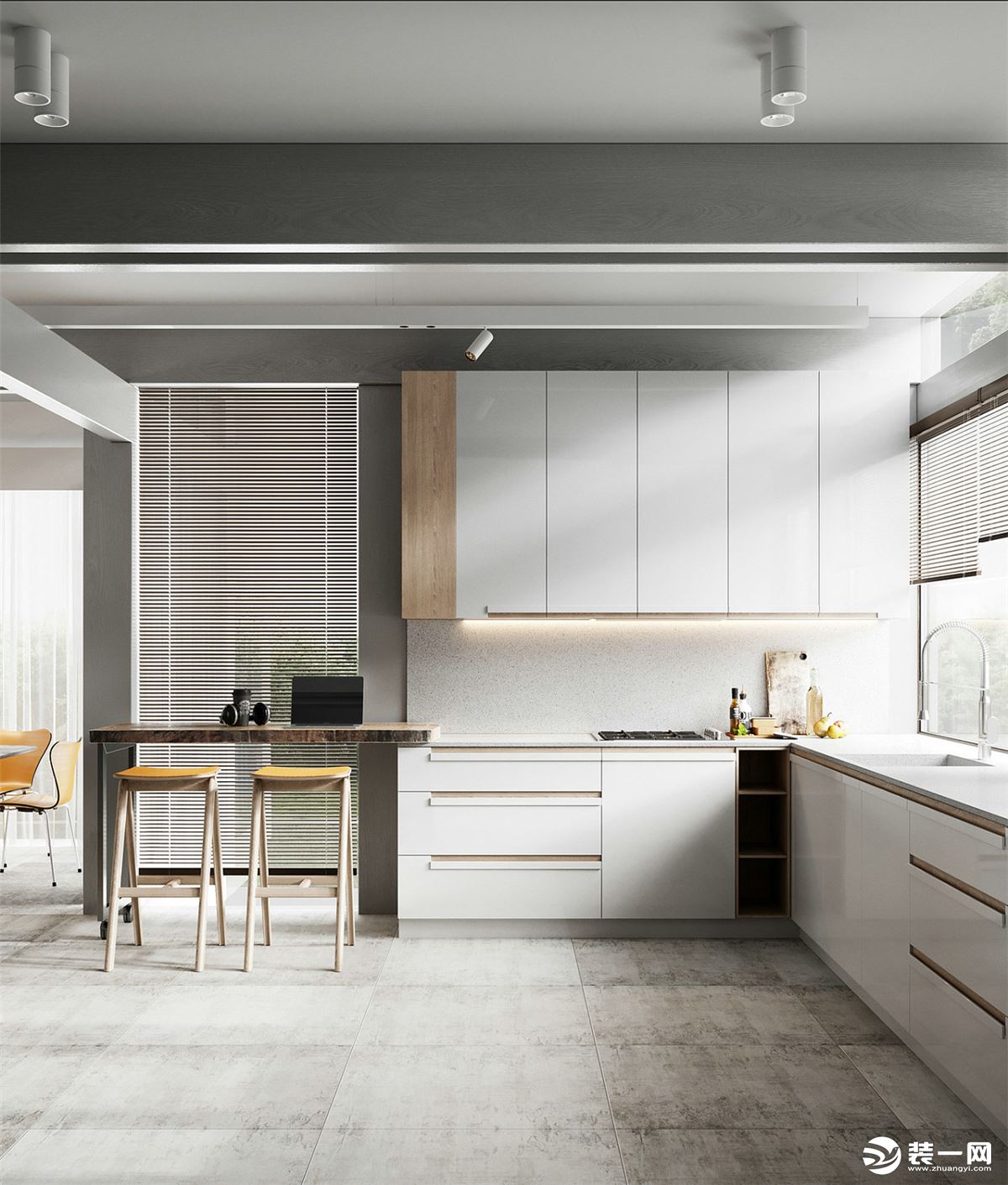 开放式的厨房，显得空间更通透；白色的橱柜，料理台延伸出的小吧台，提升了整个空间的层次感。