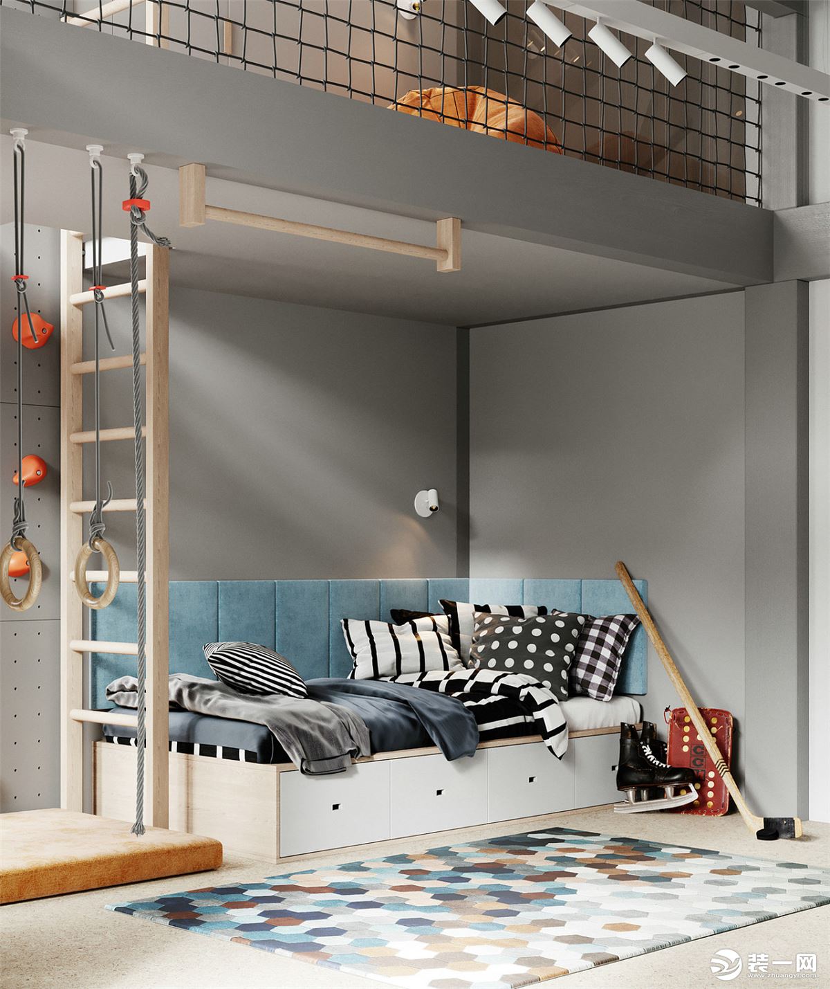 在休闲区设计的榻榻米，既能提供休息的空间，抽屉式的柜子又能增加储物空间。