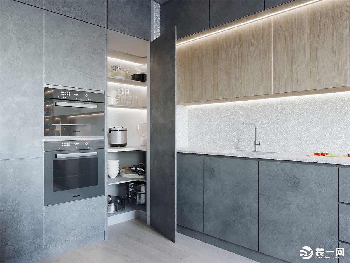 嵌入式的家电安装很省空间，让厨房的风格浑然一体，整齐的排列设计也符合现代人简洁大方的审美观。